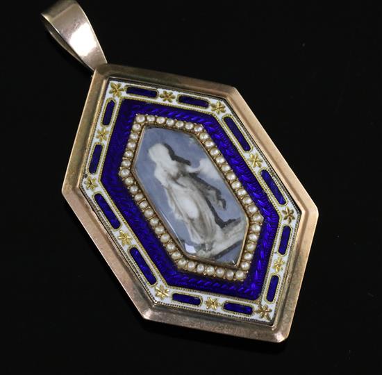 A Regency gold, seed pearl and two colour enamel hexagonal mourning pendant, overall 55mm.
